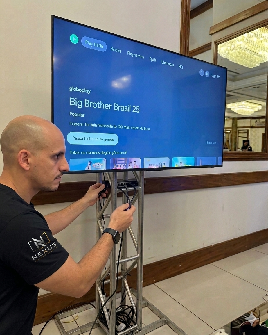 Técnico da Nexus Audiovisual configurando Smart TV para evento